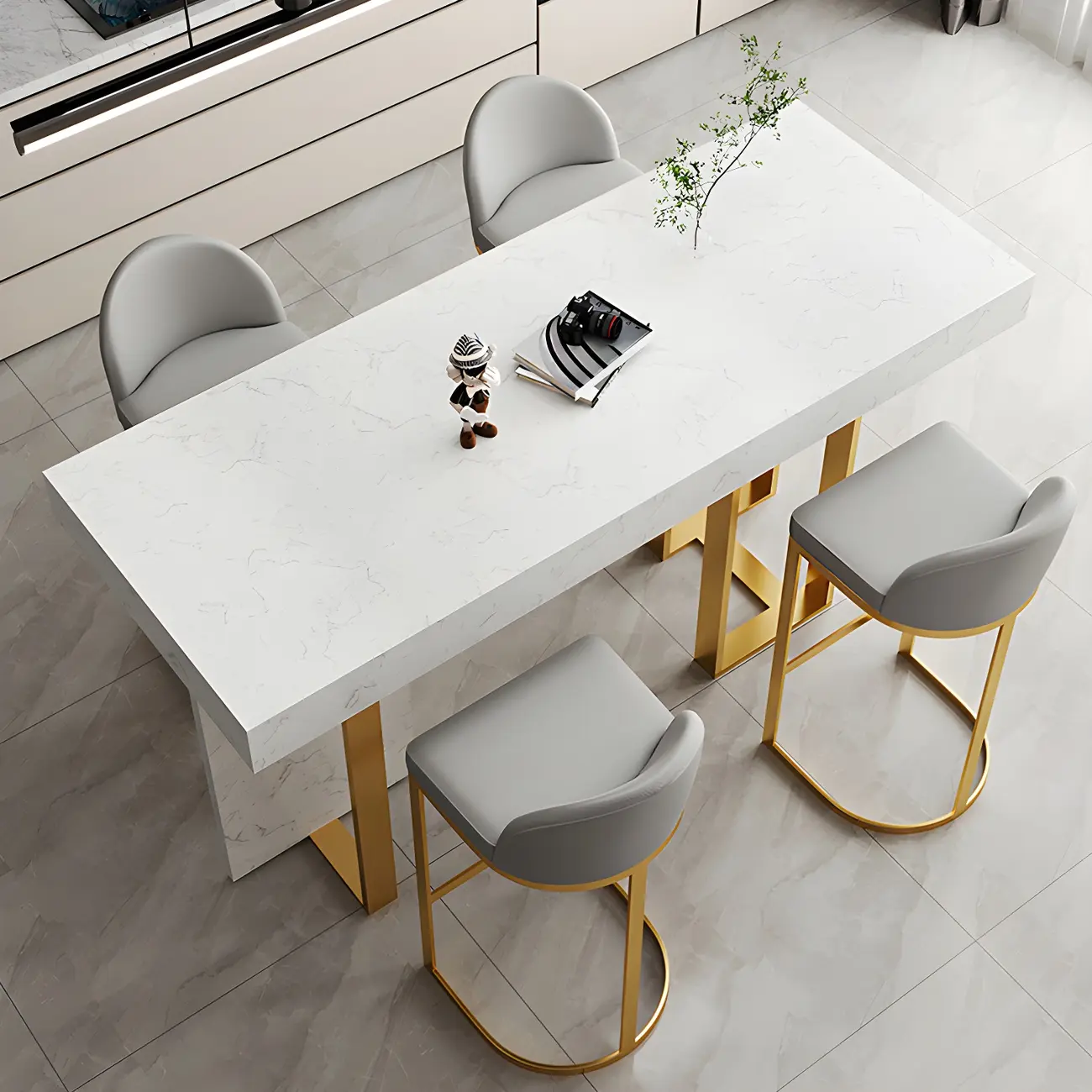 Rectangle White Marble Top Iron Base Dining Bar Table