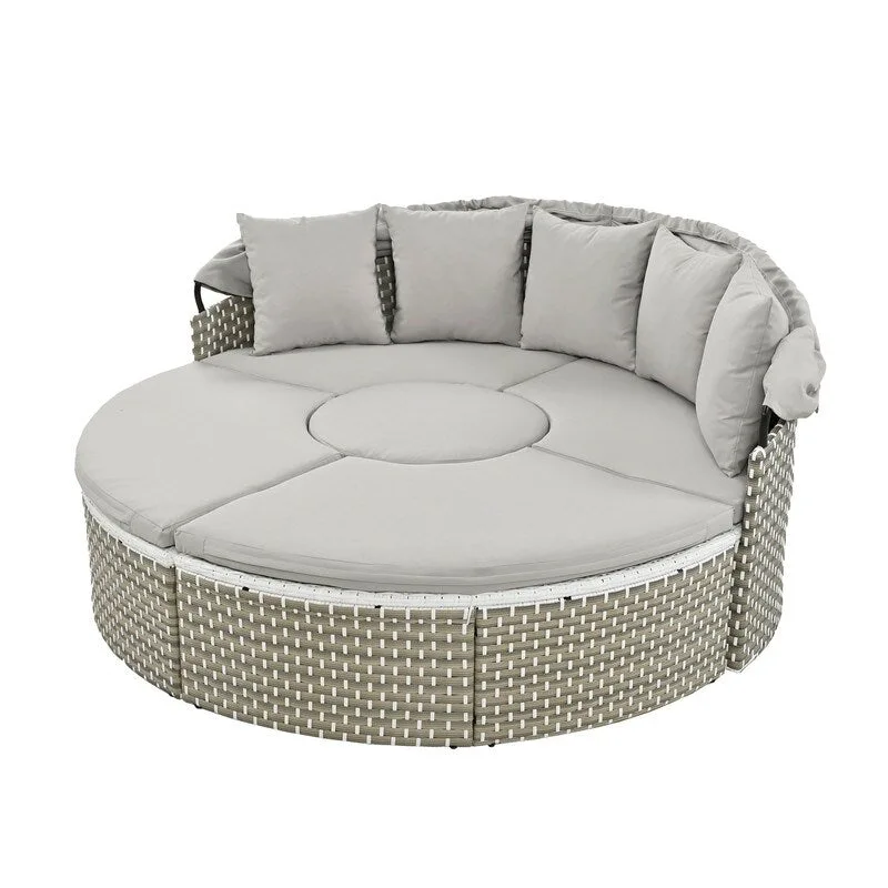 Round Patio Sectional Sofa Set  Two-Tone Rattan Daybed with Retractable Canopy & Modular Seating