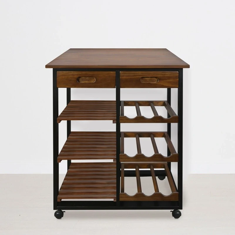 Solid Wood 4-Tier Rolling Kitchen Cart with Wine Rack and Drawer