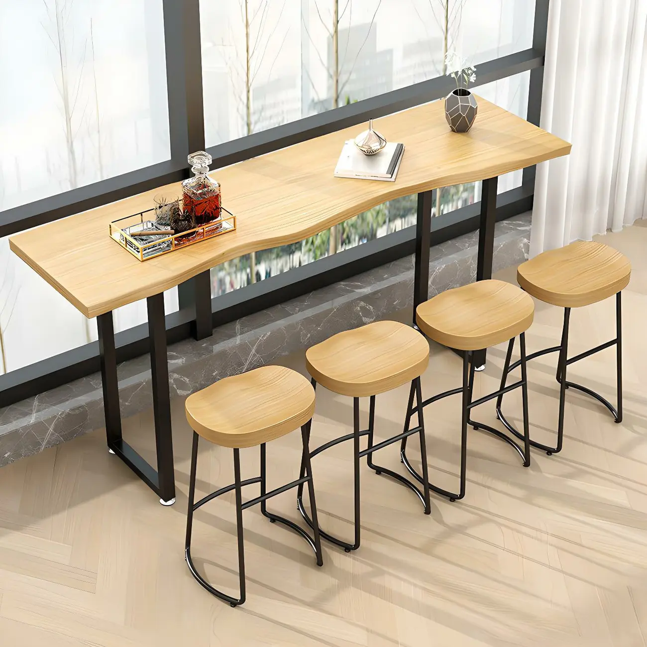 Natural Finish Bar Table Set with Backless Stools