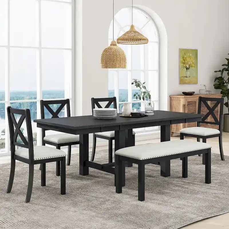 6-Piece Dining Table with Footrest, 4 Chairs and Dining Bench, Two 11 Removable Leaf