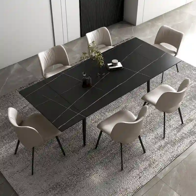 7 Piece 62.9 inch to 94.4 inch Extendable Dining Table Set with Sintered Stone Top 6 Chairs