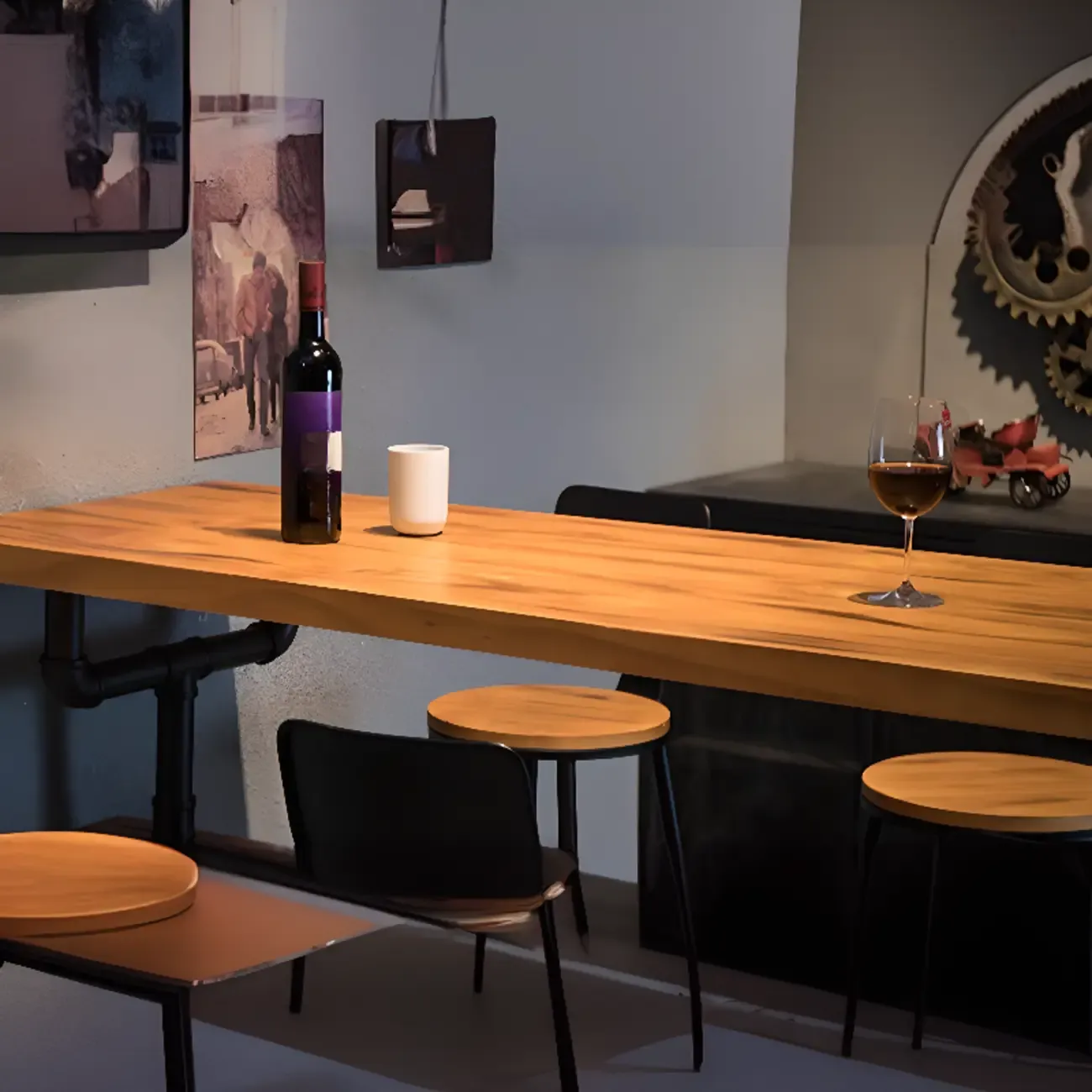 Industrial Brown Wooden Fixed Top Metal Leg Bar Tables