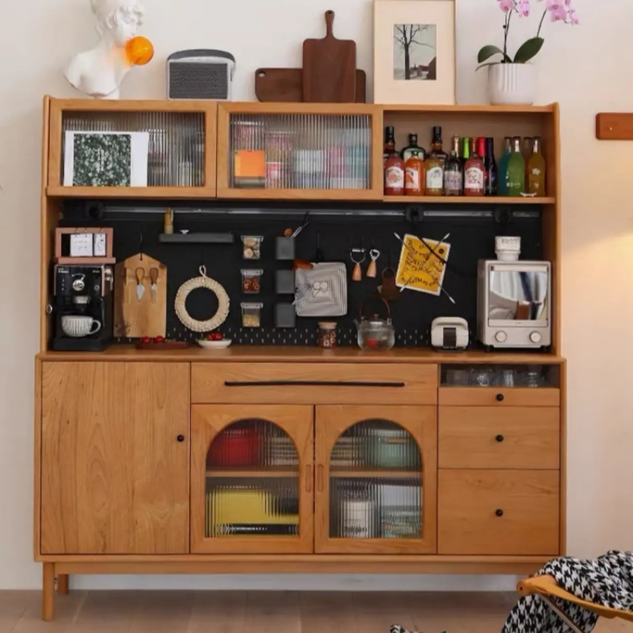 Modern Pine Cherry Wood Narrow Kitchen Sideboard