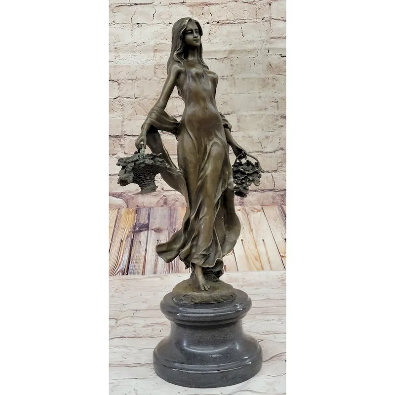 Real Bronze Statue Farmer Girl W/Flower Basket Sculpture Fall Harvest Figurine Art