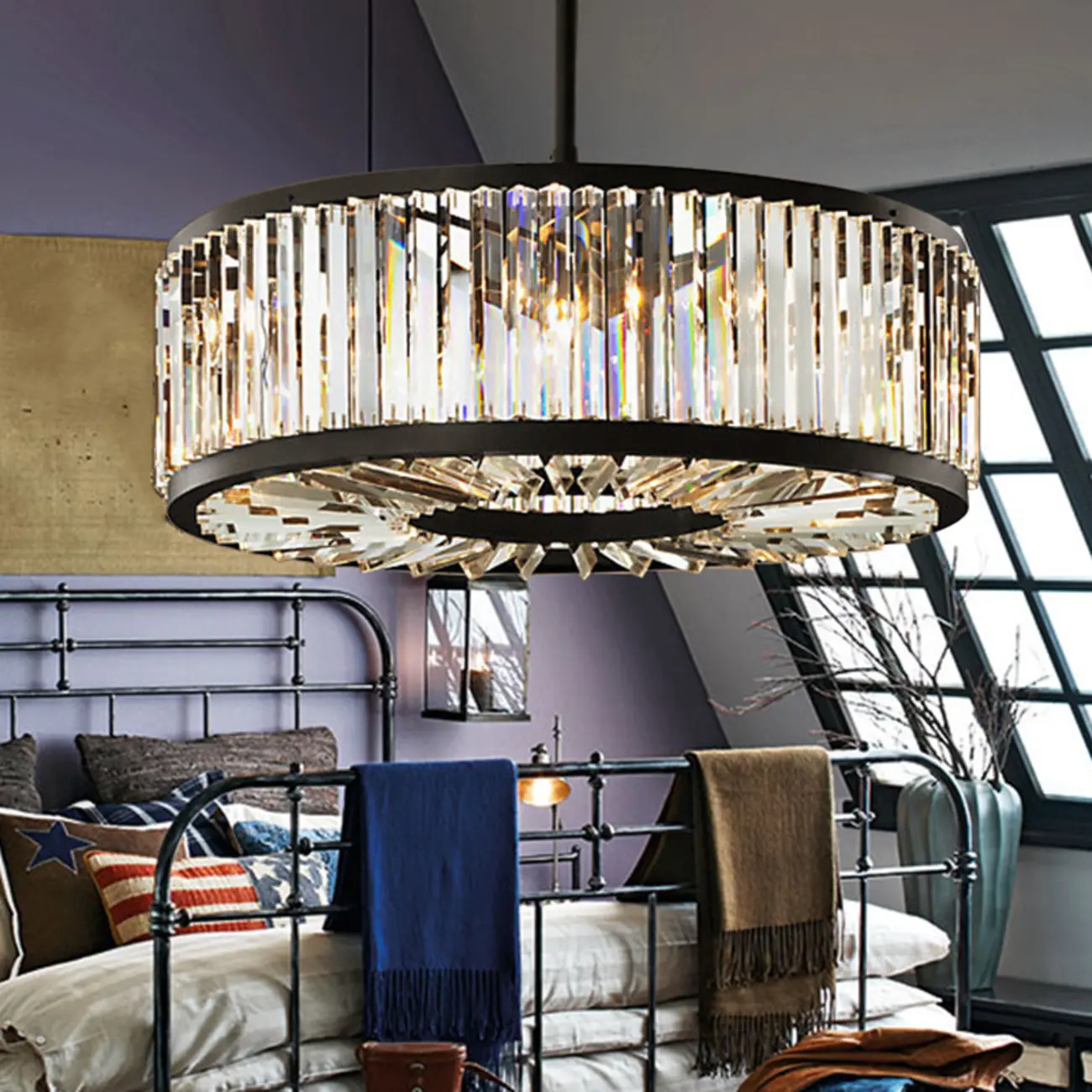 Modern Black Metal Crystal Drum Chandelier