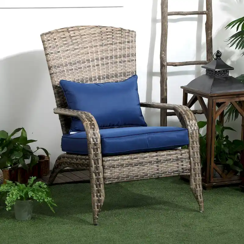 Patio Wicker Adirondack Chair, All-Weather Rattan Fire Pit Chair Soft Cushions, Tall Curved Backrest and Armrests