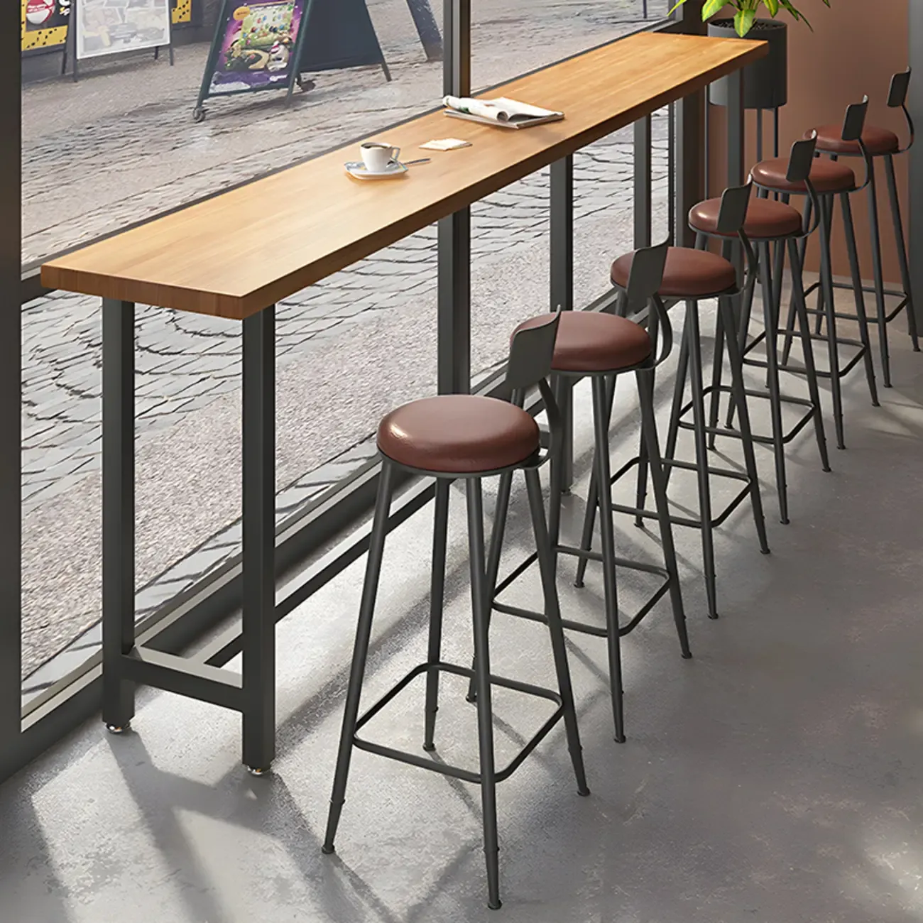 Vintage Solid Wood Trestle Base Pub Table with Footrest