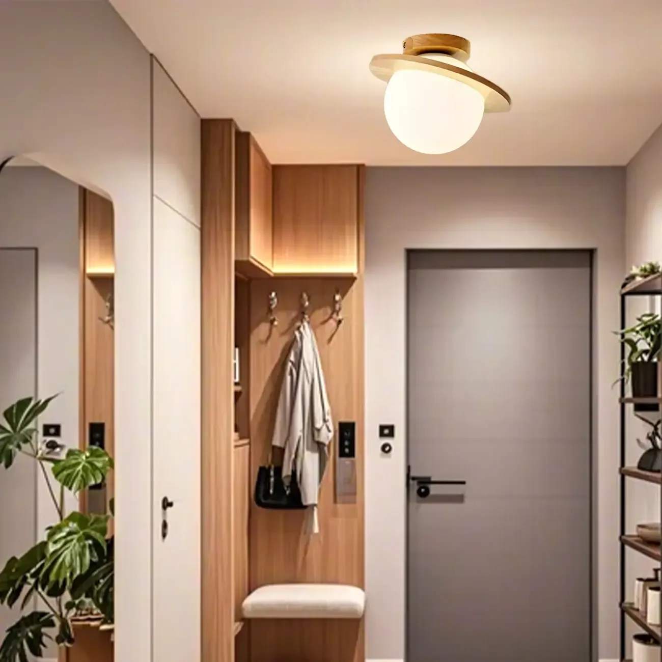 Circular Glass Ball Natural Wood Semi Flush Ceiling Light