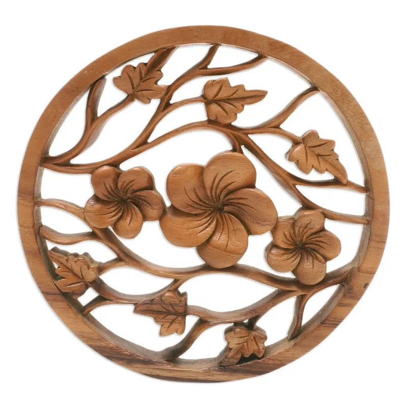Novica Handmade Frangipani Trio Wood Relief Panel