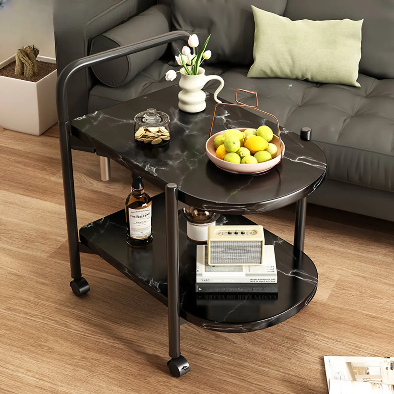 Modern 2-Tier Wood Round Coffee Table with Wheels, Tray