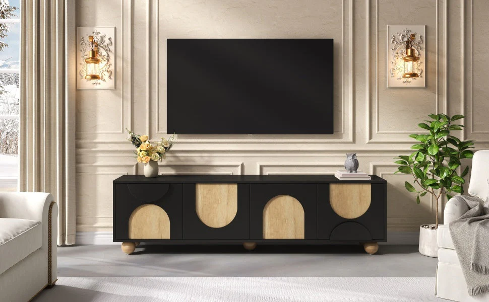 Modern Curve Shape Two Tone 69.6' TV Stand with Ball Feet Detail