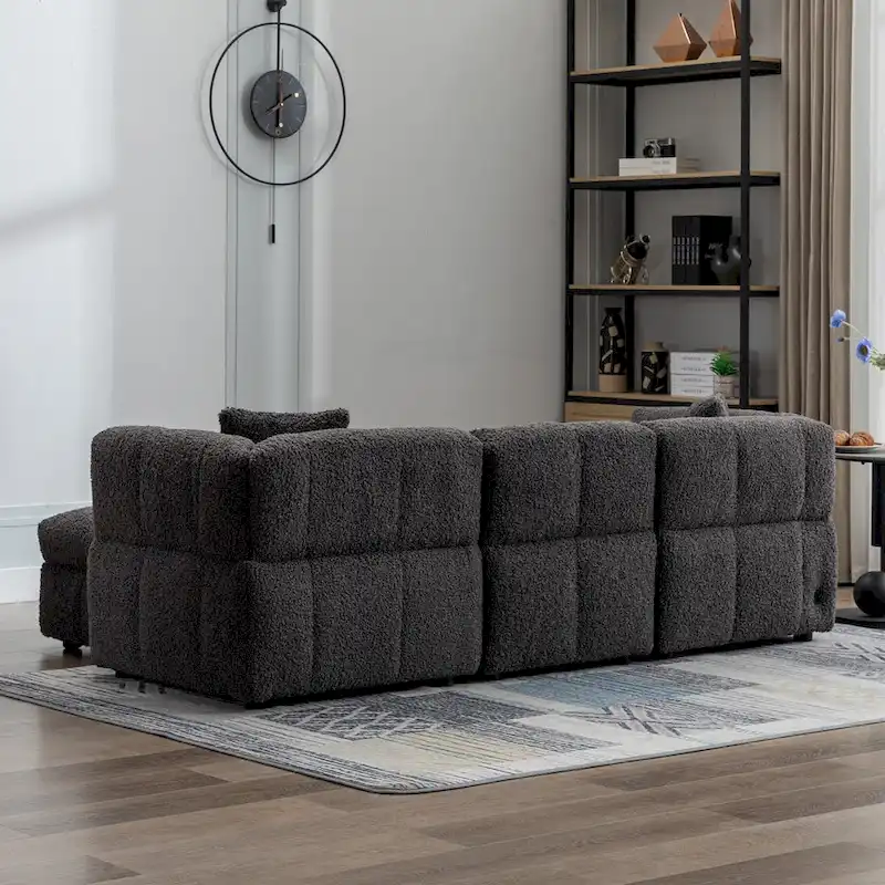 87.7 Sectional Sofa Cozy Teddy Fleece Fabric Sectional Sofa Couch