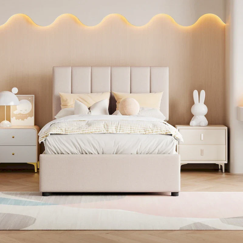 Lift Up Storage Platform Bed Frame, Wood Low Profile Panel Bed with Hydraulic Storage System, Vertical Striped Headboard