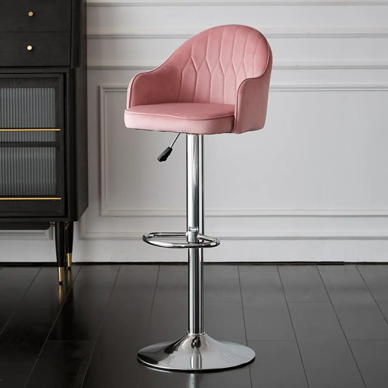 Swivel Upholstered Adjustable Height Home Armed Barstool with Metal Base