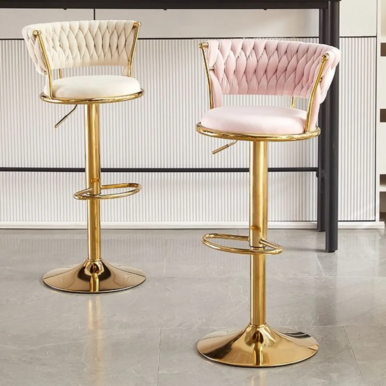 Adjustable Flannel Curved Back Bar Stools with Gold Base