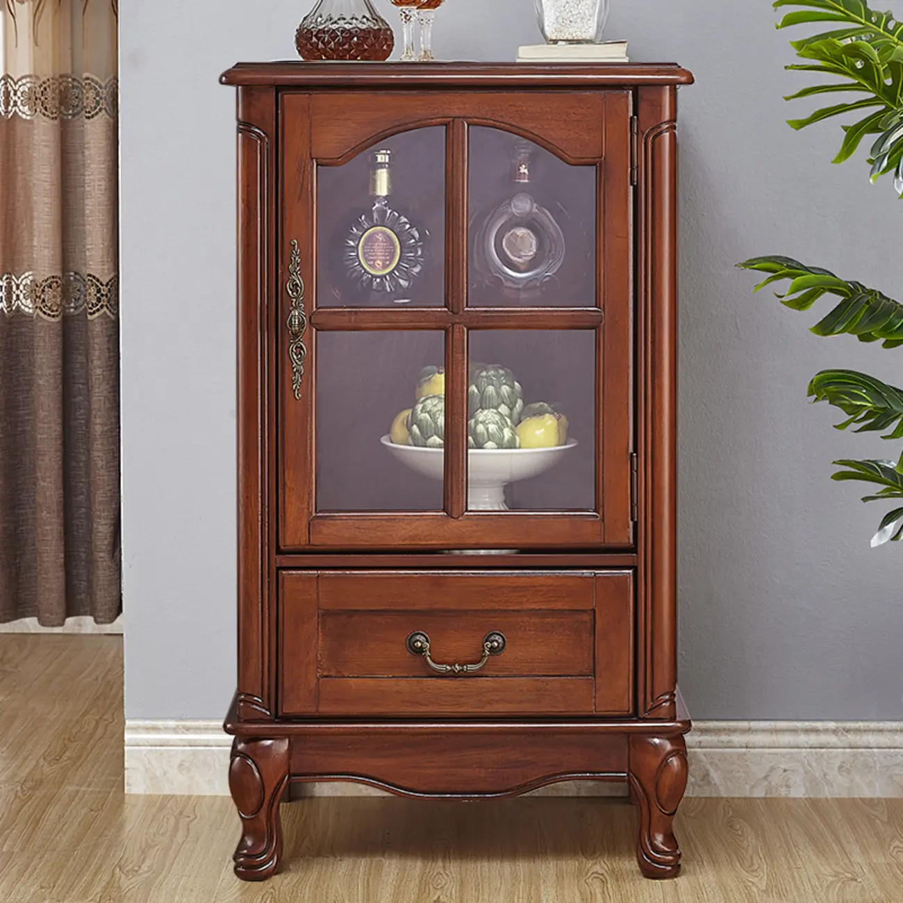 Rustic Wooden Interior Cabinet with Glass Display & Drawer