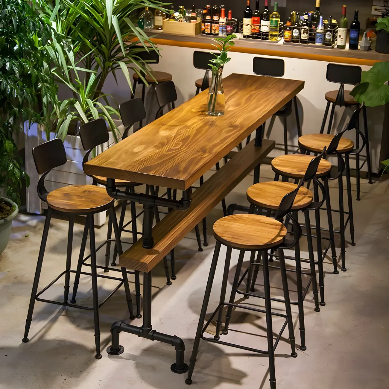 Rectangular Brown Pine Wood Bar Table with Footrest