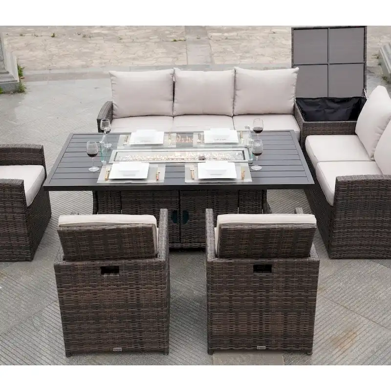 Patio Rattan Sofa Set with Alum Dining Table and Chairs