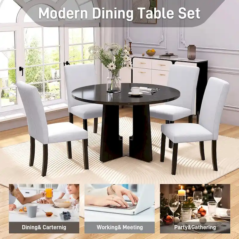 5 Pcs Wood Kitchen Table and Chair Set, 4 People Round Dining Table Set with Faux Marble Top and 4 Upholstered Chairs