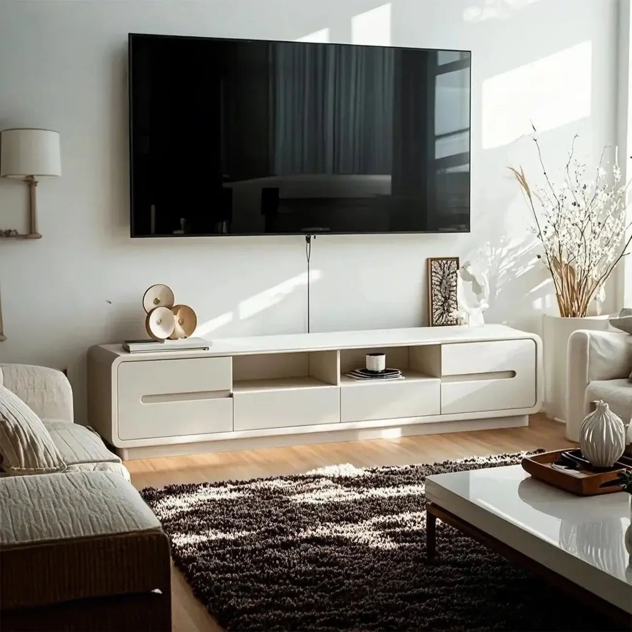 Minimalist White Wooden TV Stand with Open Storage and Drawers