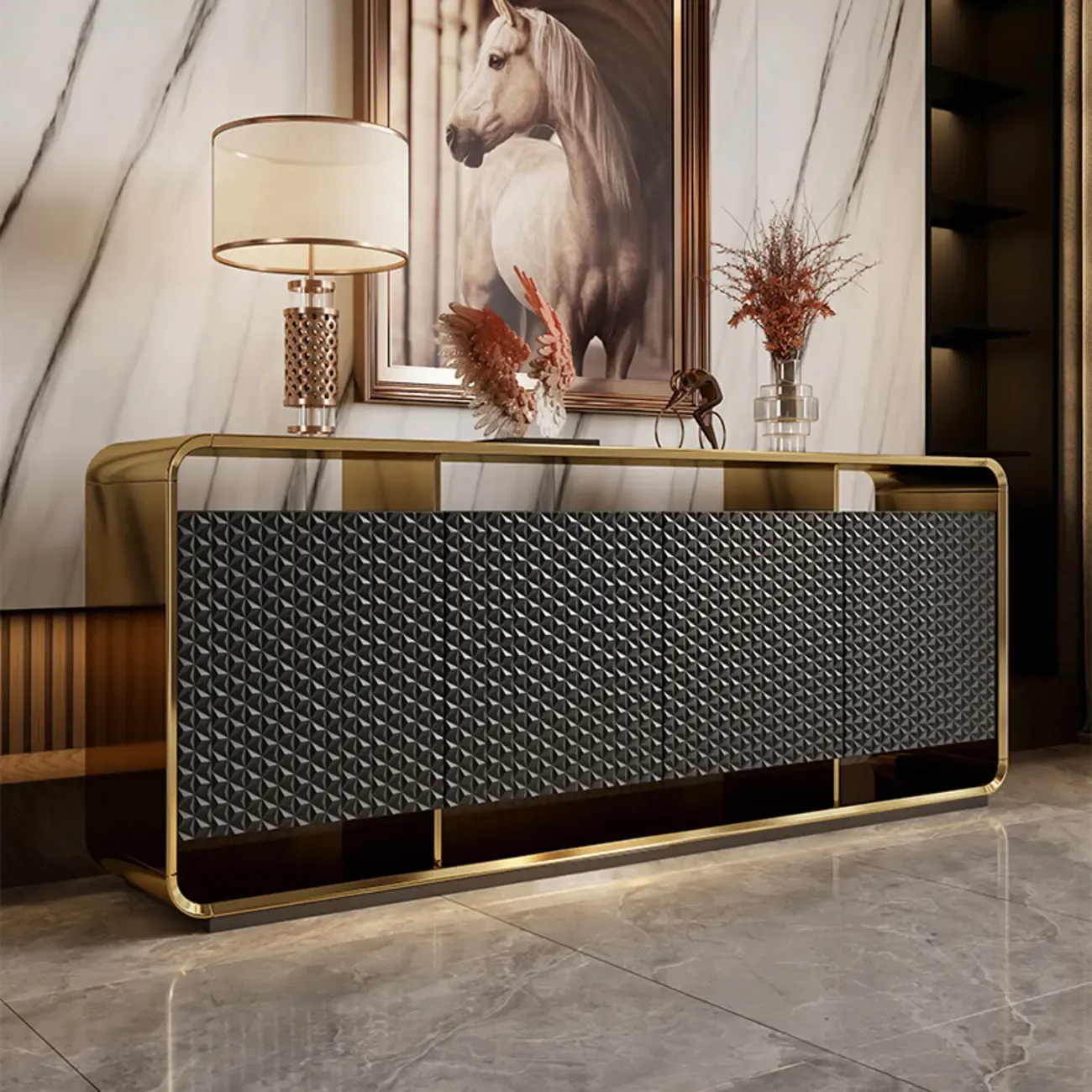 Glam Metal and Wood Sideboard with Shelves