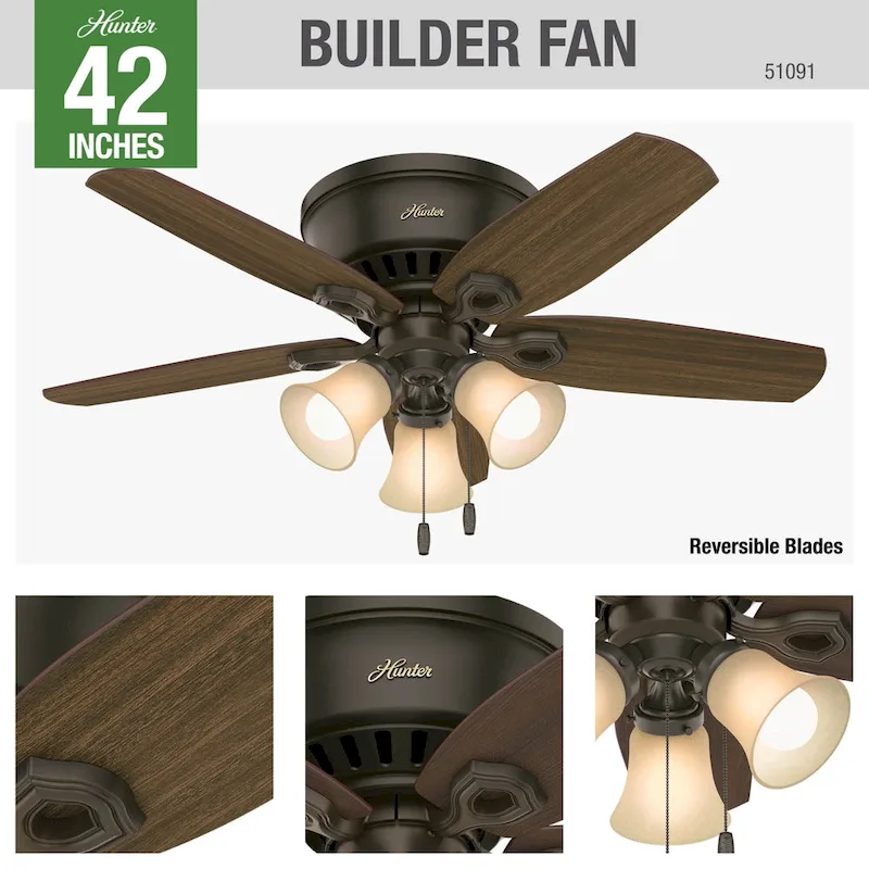 Hunter 42  Builder Low Profile Ceiling Fan with 3-Light LED Light Kit and Pull Chain