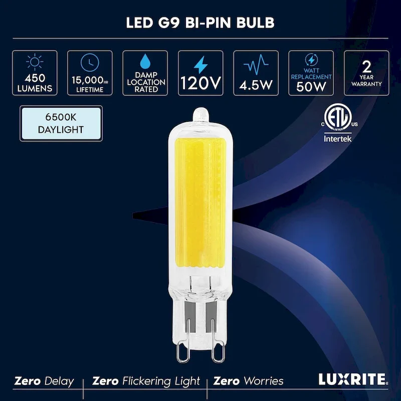 Luxrite G9 LED Bulb Dimmable 4.5W, 50 Watt Equivalent, 450LM, Glass G9 Bi Pin Base, ETL (10 Pack)