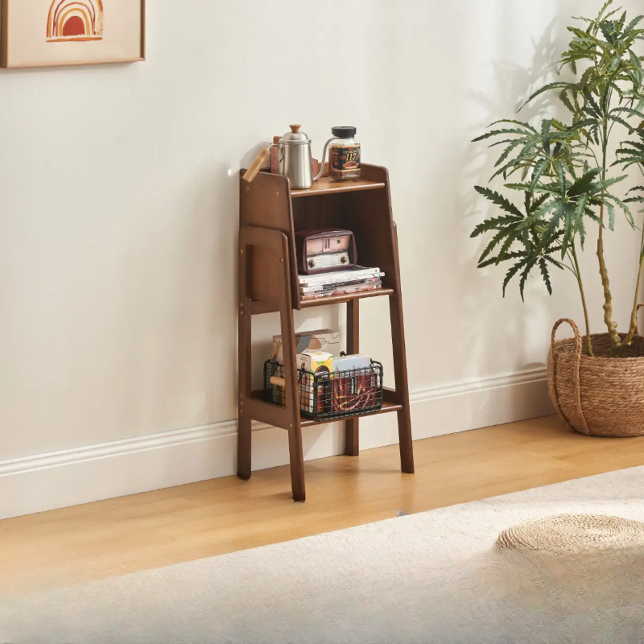 Scandinavian Narrow Brown Wood Multi-Tier Ladder Bookcase