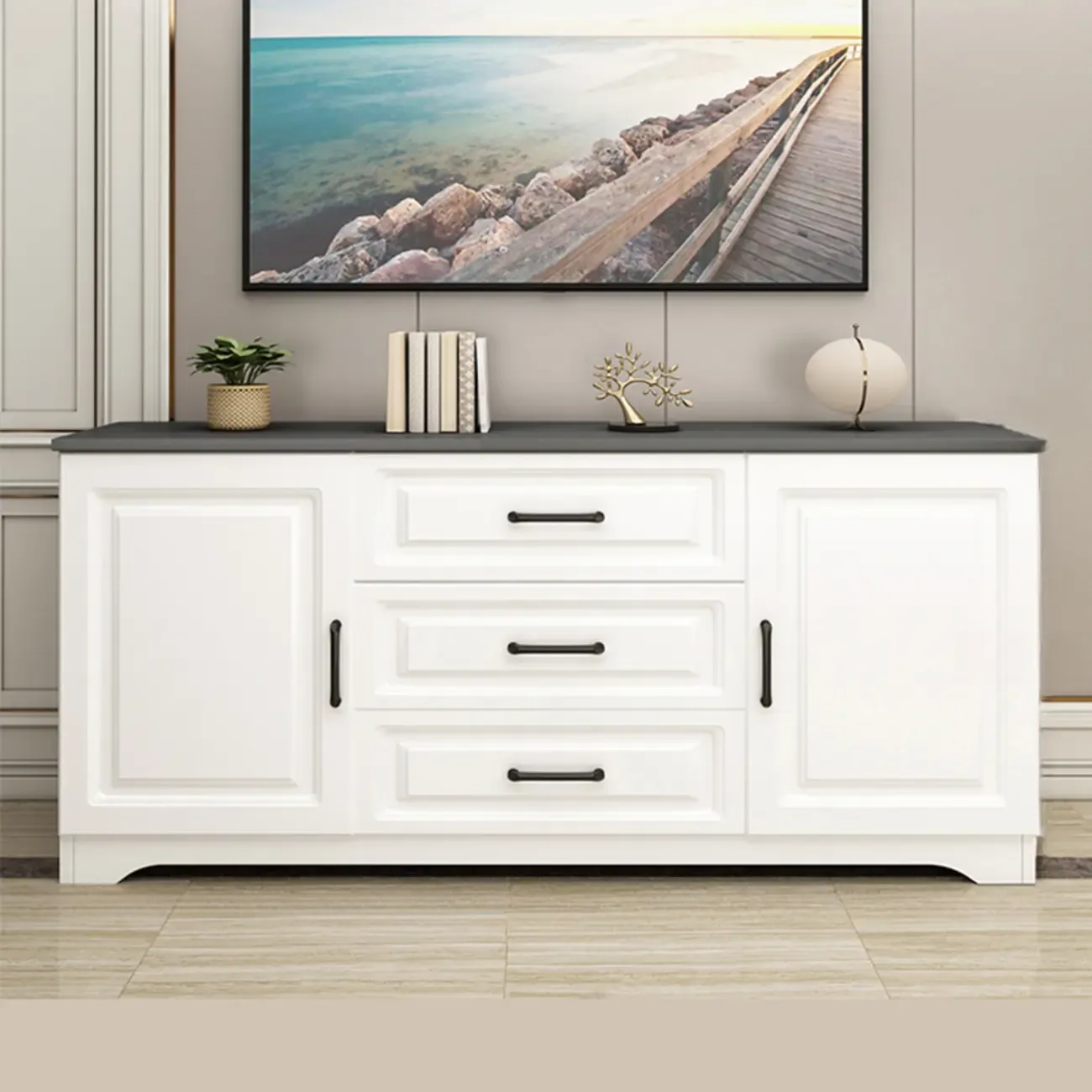 Modern Rectangular White 3-Drawer Wooden TV Stand