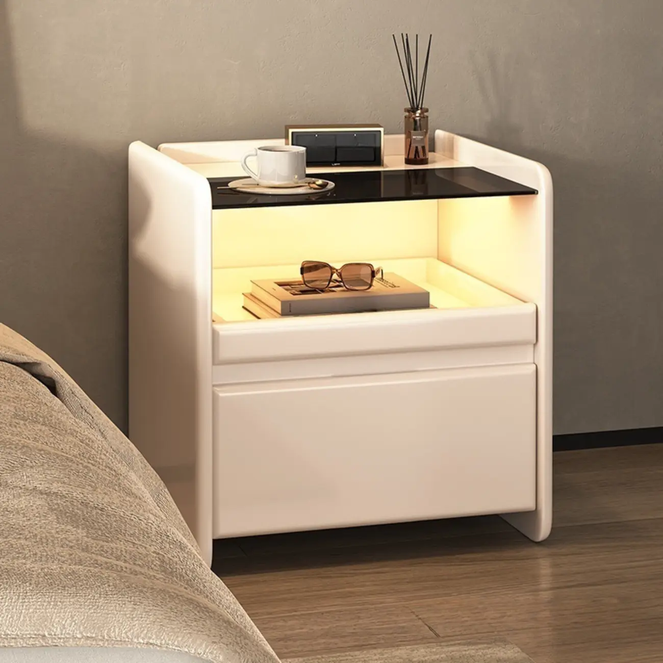 Nut-Brown Wood Glass Top Drawer Nightstand with Light