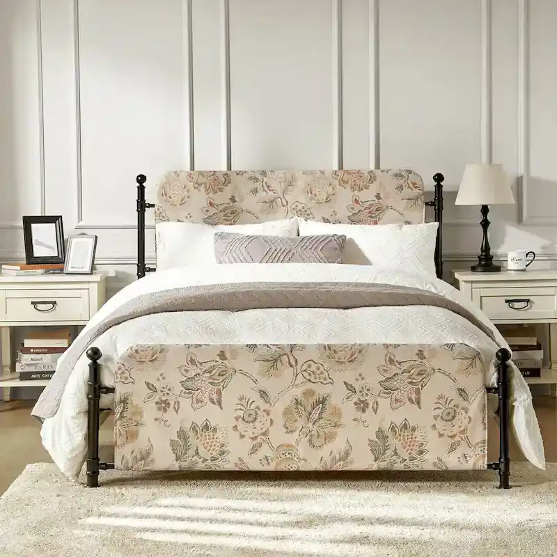 Diana Transitional 62 Floral Upholstered Platform Metal Bed Frame with Washable Slipcover by HULALA HOME