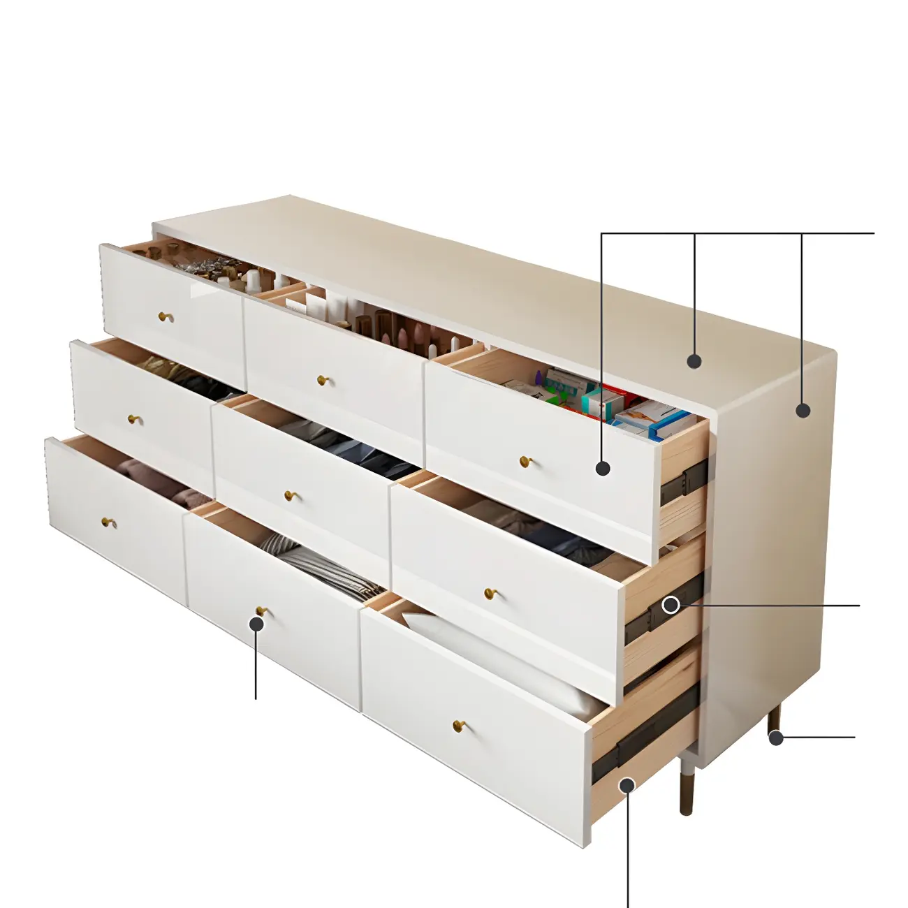 Modern Wooden White Dresser with Gold Handles