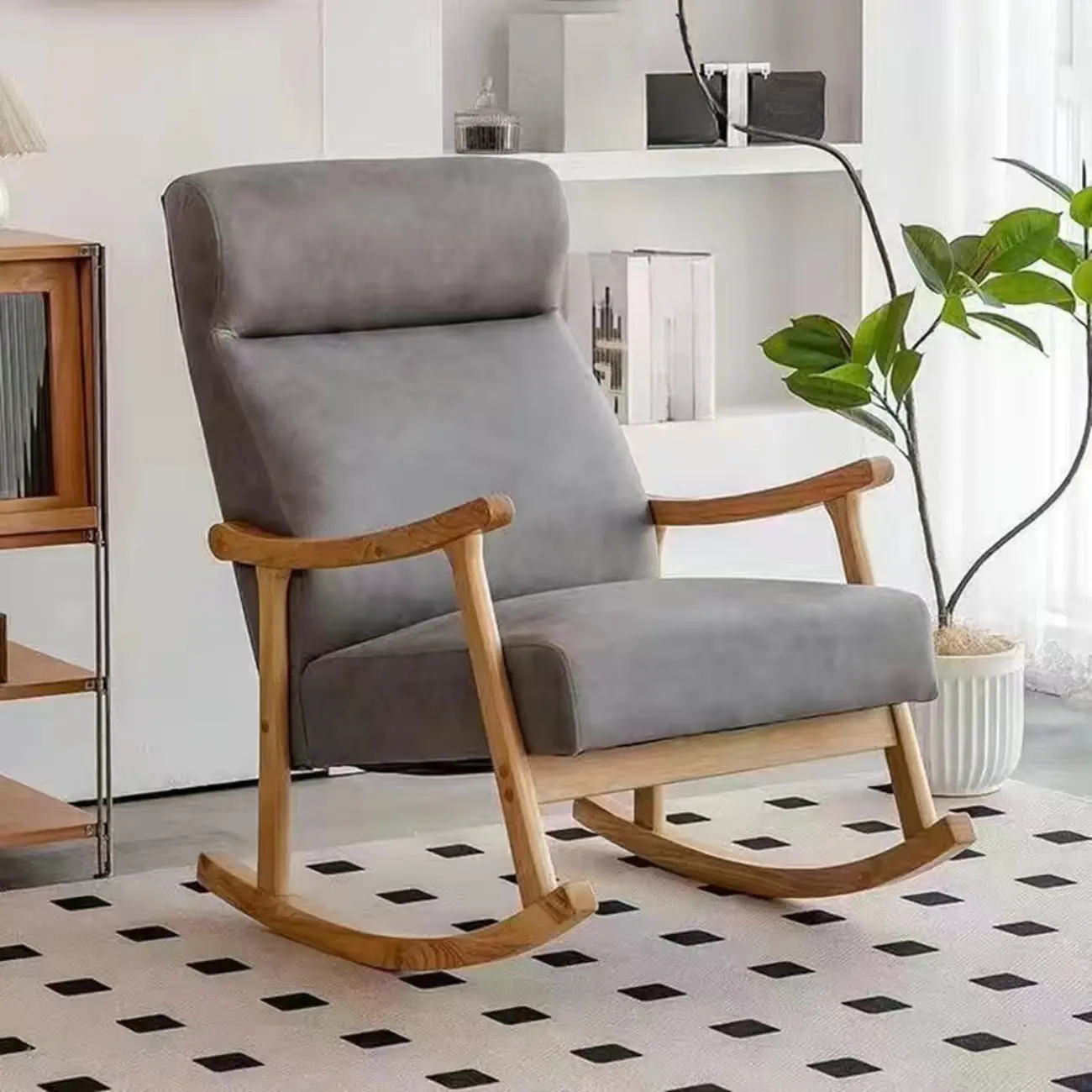 Modern Wood Upholstered Rocking Chair with Optional Ottoman