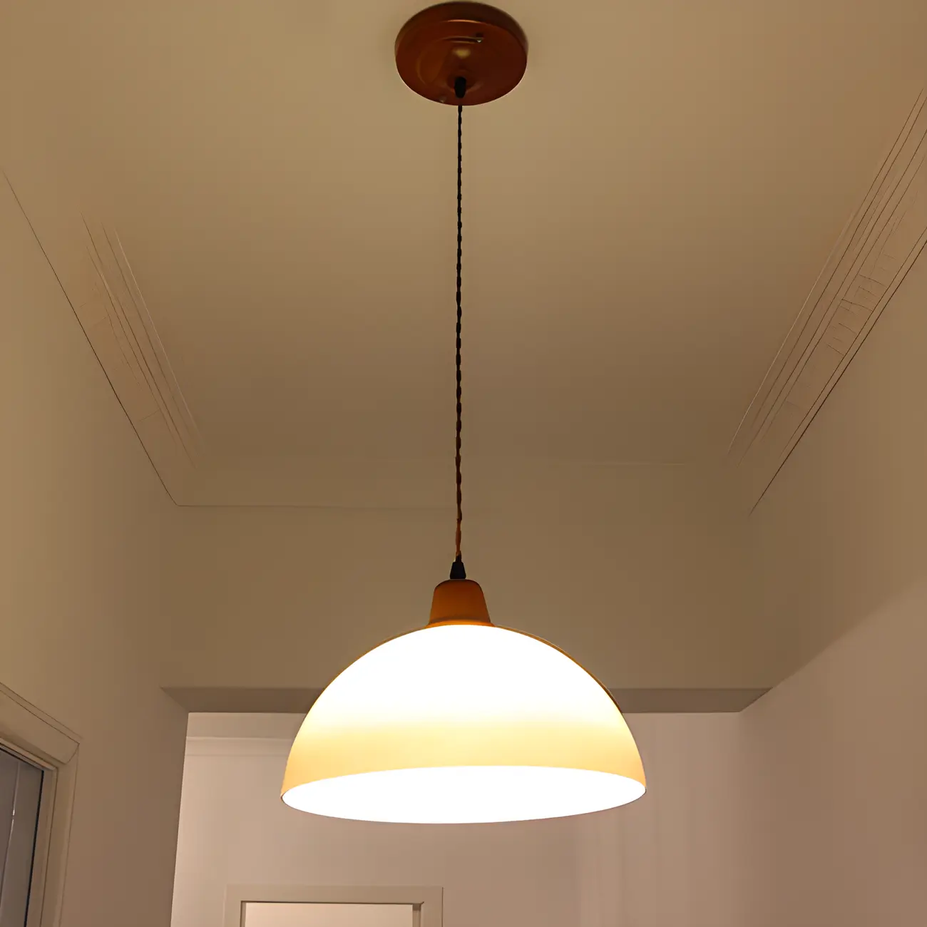 White Glass Wood Rope Round Pendant Light