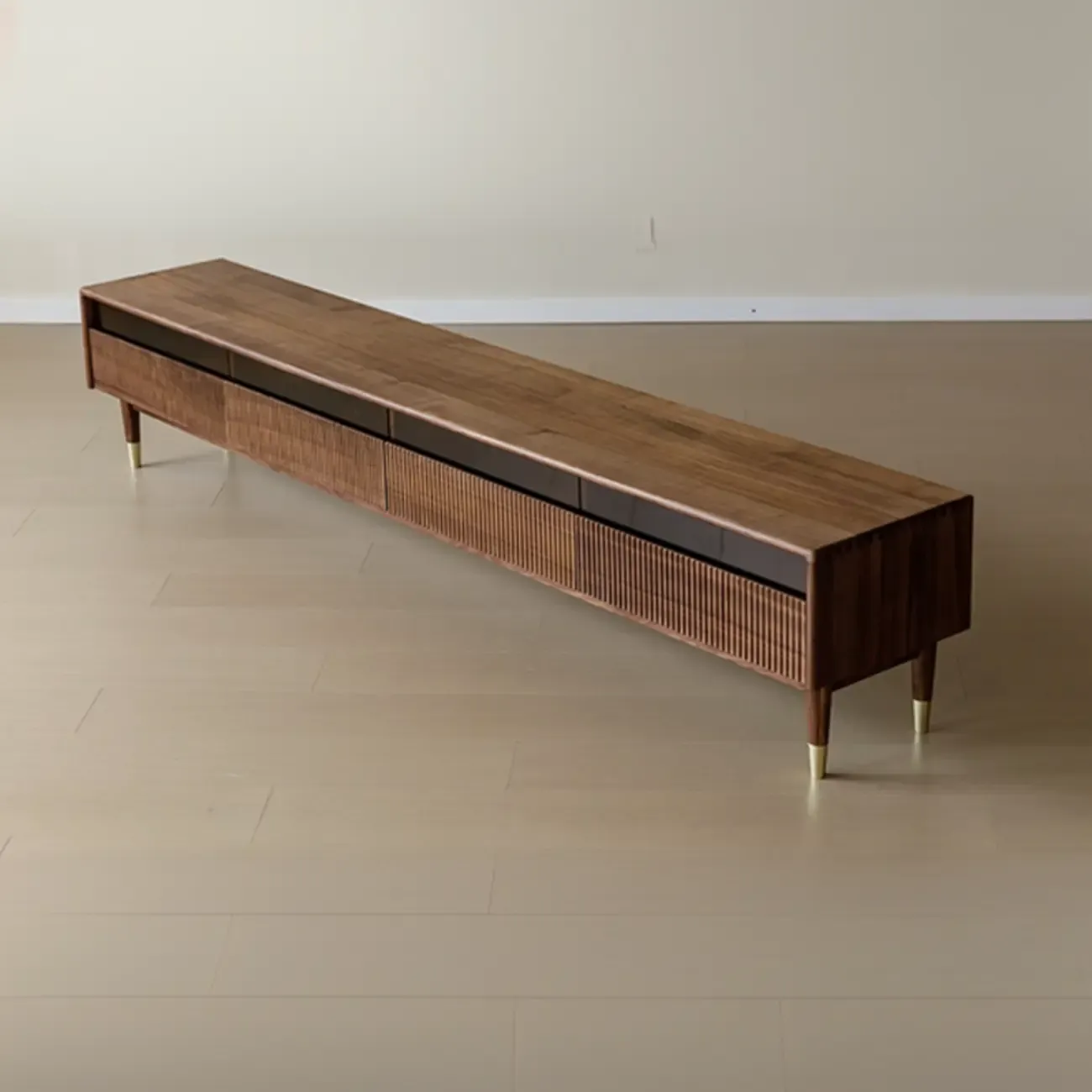 94.5 Long Brown Wood Walnut Fluted TV Stand with Drawers