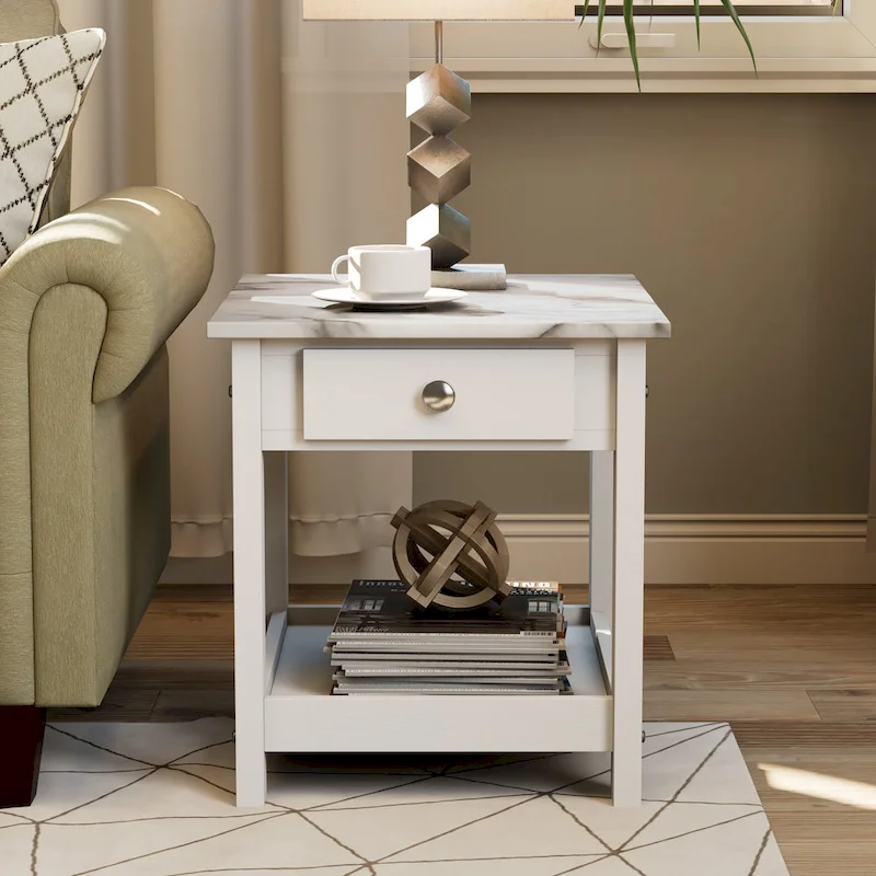 DH BASIC Transitional Rubberwood 3-Piece Open-Shelf Coffee Table and End Table Set with Drawer by Denhour