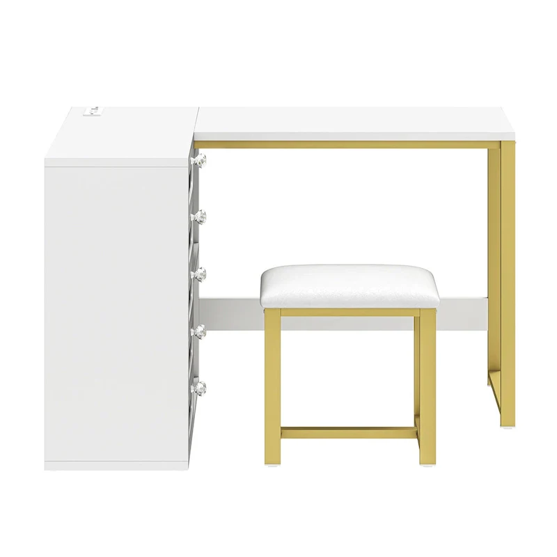 Moasis 5 Drawers L-Shape Nail Desk Set with Cushioned Stool and LED Light