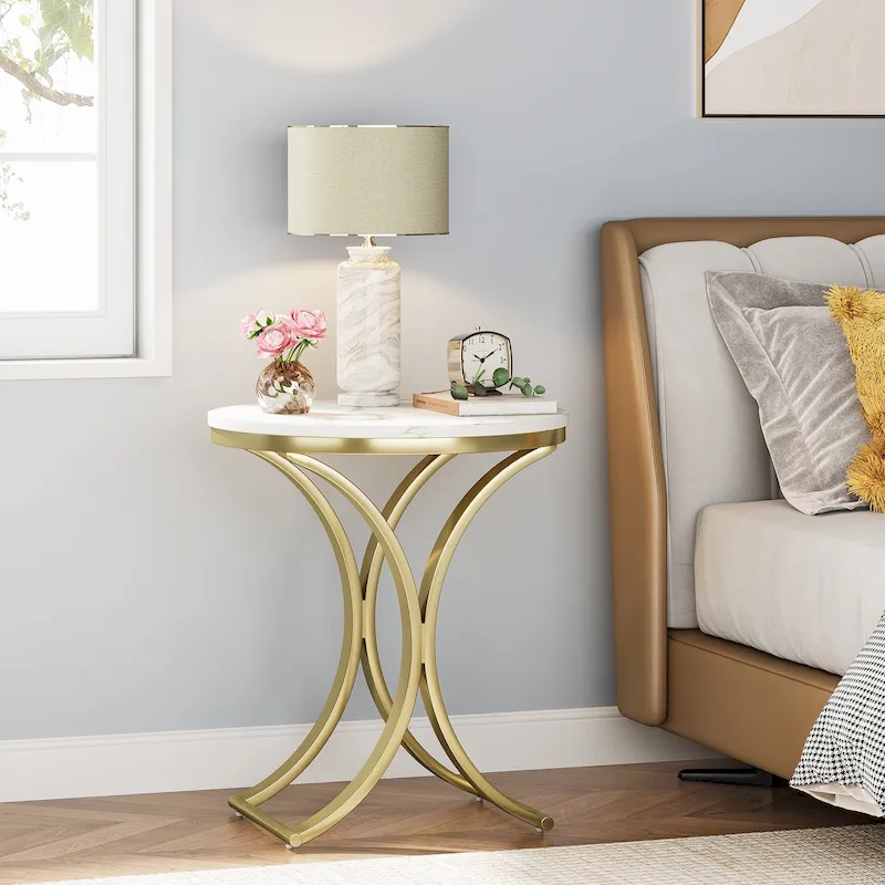 Small Modern Round Side Table End Table Nightstand with Gold Metal Frame and Faux Marble Veneer Engineered Wood for Living Room