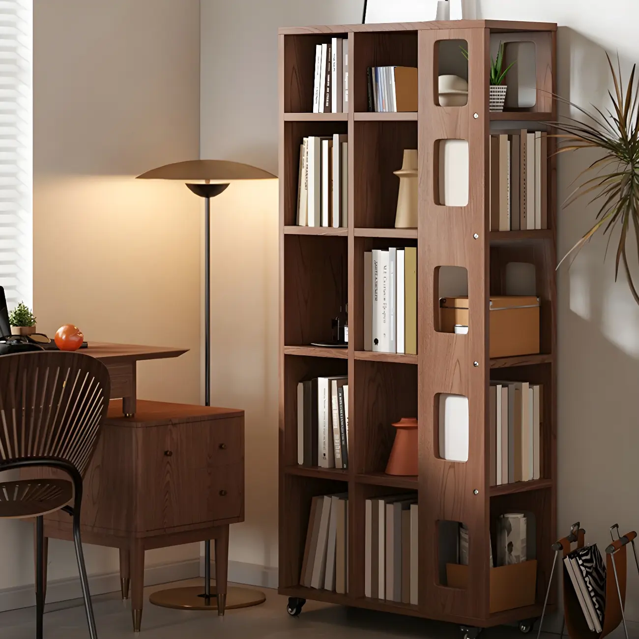 Mid-Century Nut-Brown Wood 5-Tier Bookcase on Wheels