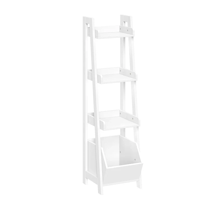 RiverRidge Amery 4-Tier 13in Ladder Shelf with Display Shelf and Storage Organizer Bin - White