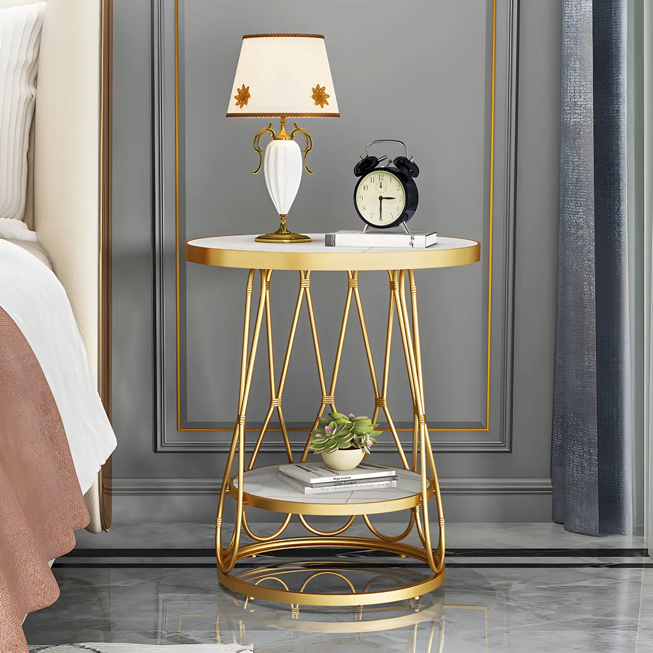 Round Gold Marble End Table with Storage for Living Room
