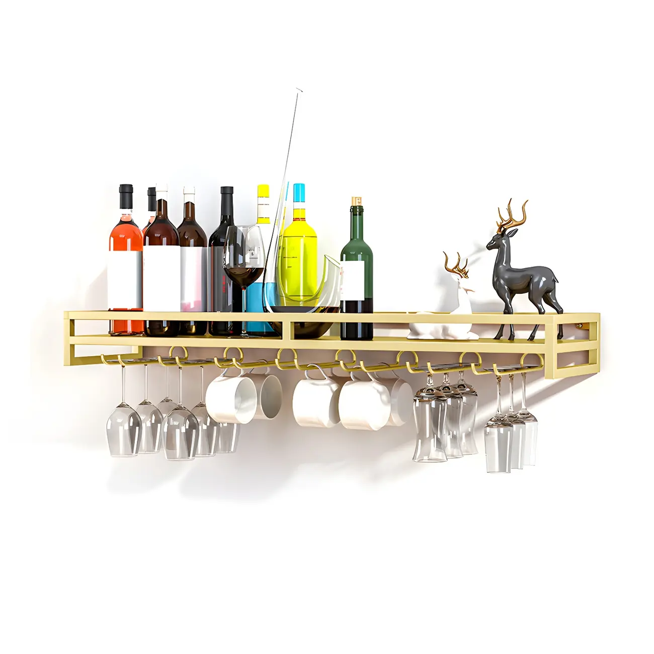 Floating Mount Metal Wine Glasses and Bottle Rack with Hook