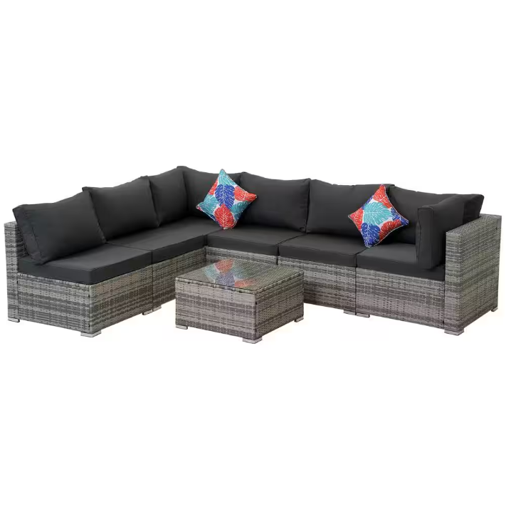 7-Piece Gray Wicker Outdoor Furniture Sectional Sofa with Dark Gray Cushion and Coffee Table - Premium Quality Home Furniture | Kendale Furniture