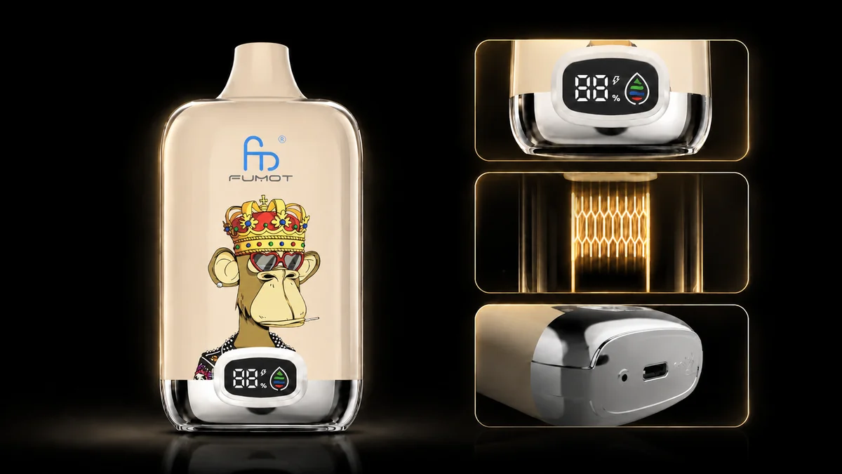 Fumot Digital Box 12000 Strawberry Banana Vape Funktionsdetails mit Display, Mesh Coil und Ladeanschluss