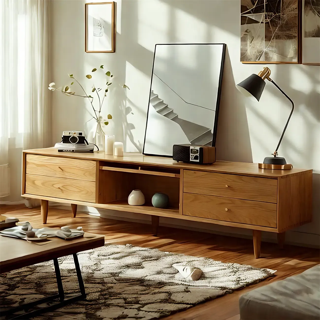 Scandinavian Brown Pine Wood Cabinet TV Stands with Legs