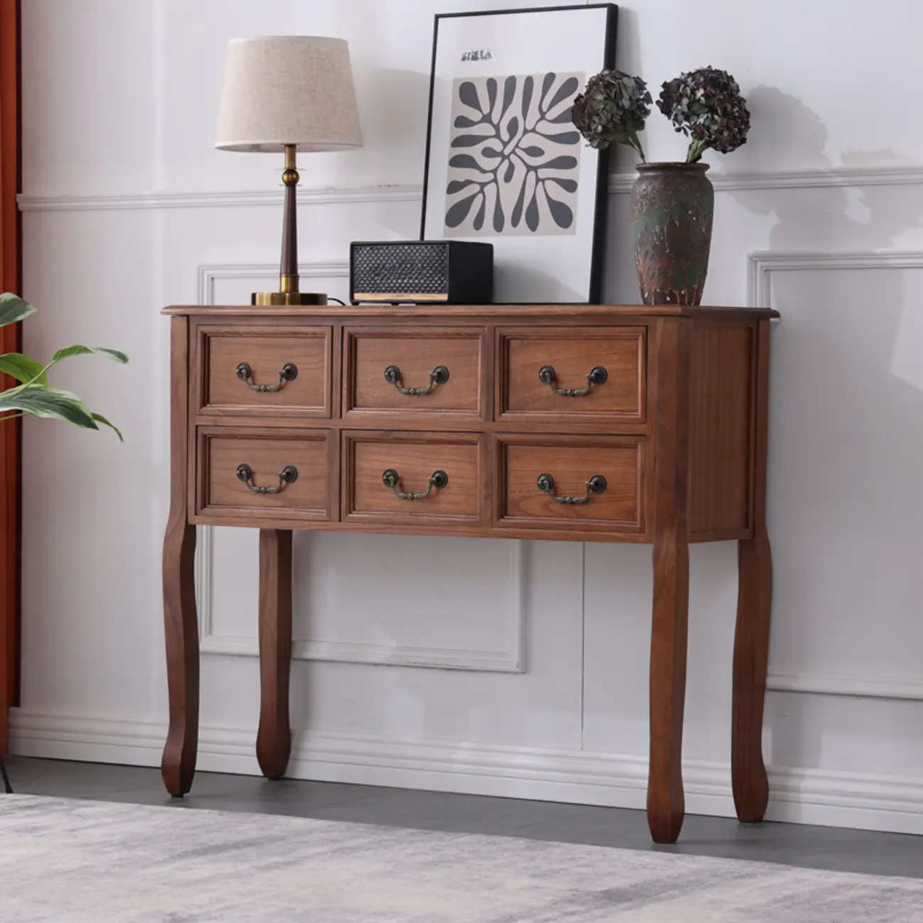 Rectangular Dark Walnut Console Table with Drawers