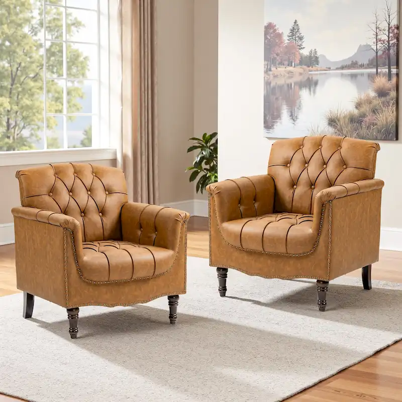 Tufted Vegan Leather Accent Chairs Set of 2, Armchair with Nailhead Trim