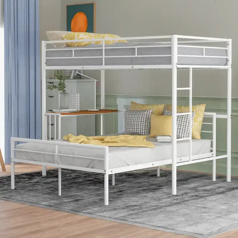 Twin Over Full Metal Bunk Bed with Desk, Ladder and Quality Slats for Bedroom, Metallic White_OLD SKU :LP000092AAK_