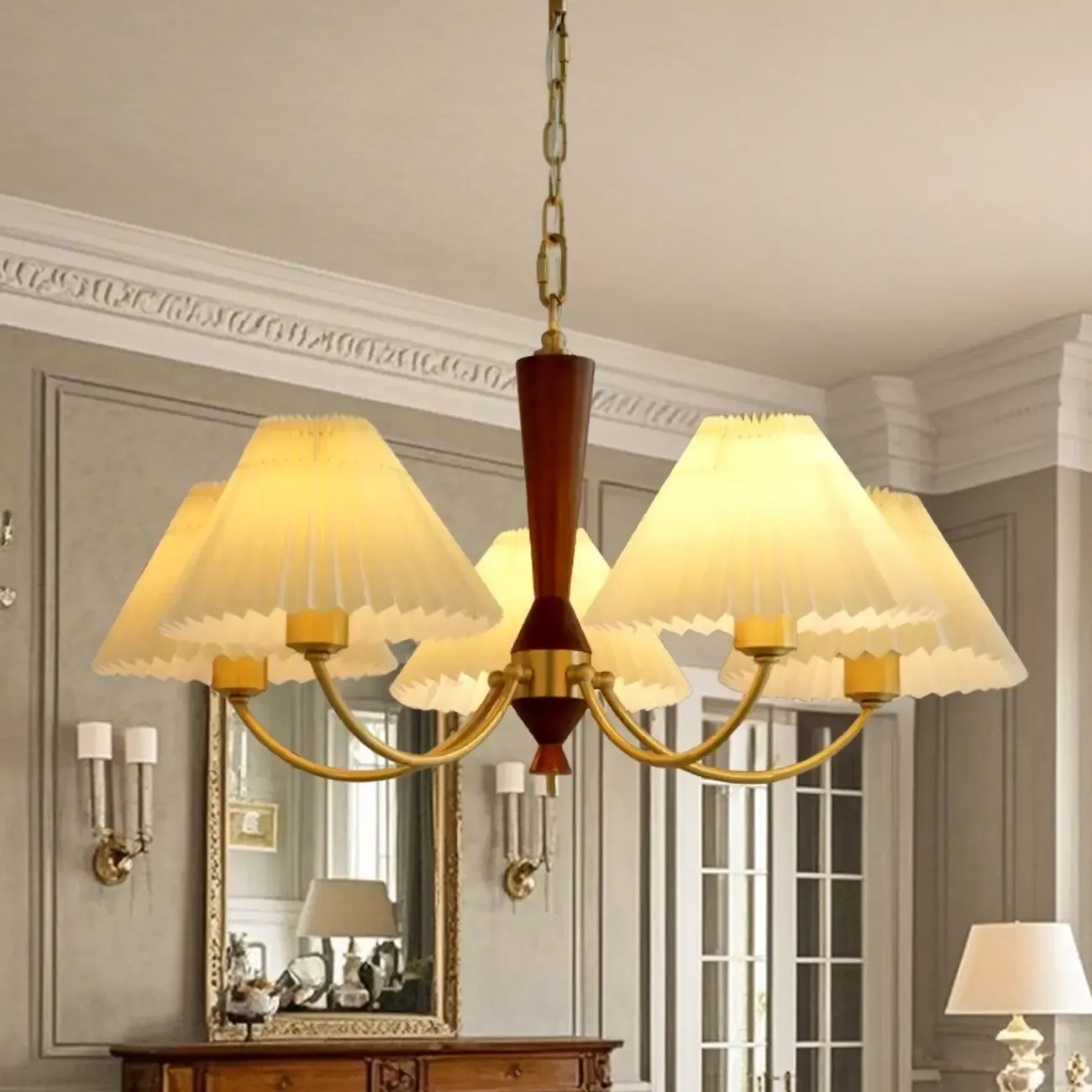 Vintage Brass Fabric Chandelier with Beige Pleated Shades